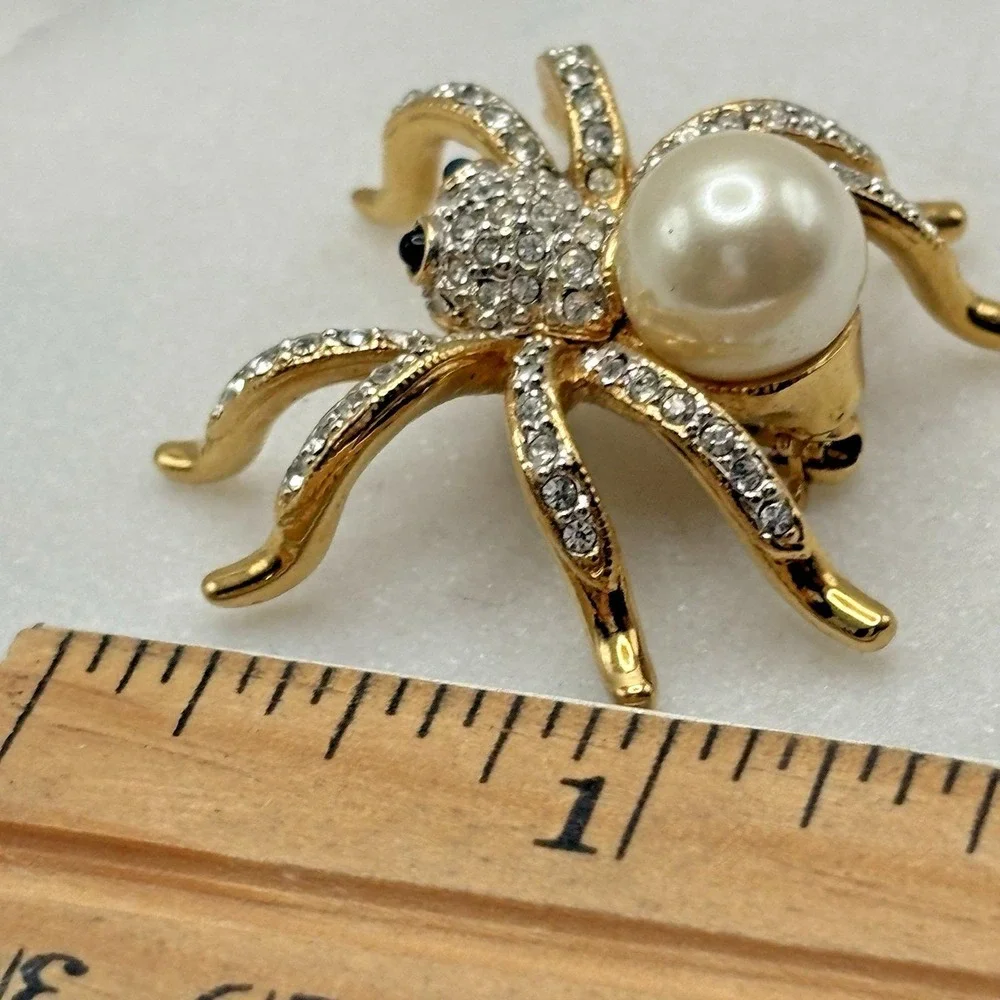 Vintage Swarovski Spider Brooch Pin Gold Tone Faux Pearl 22K Gold Plated